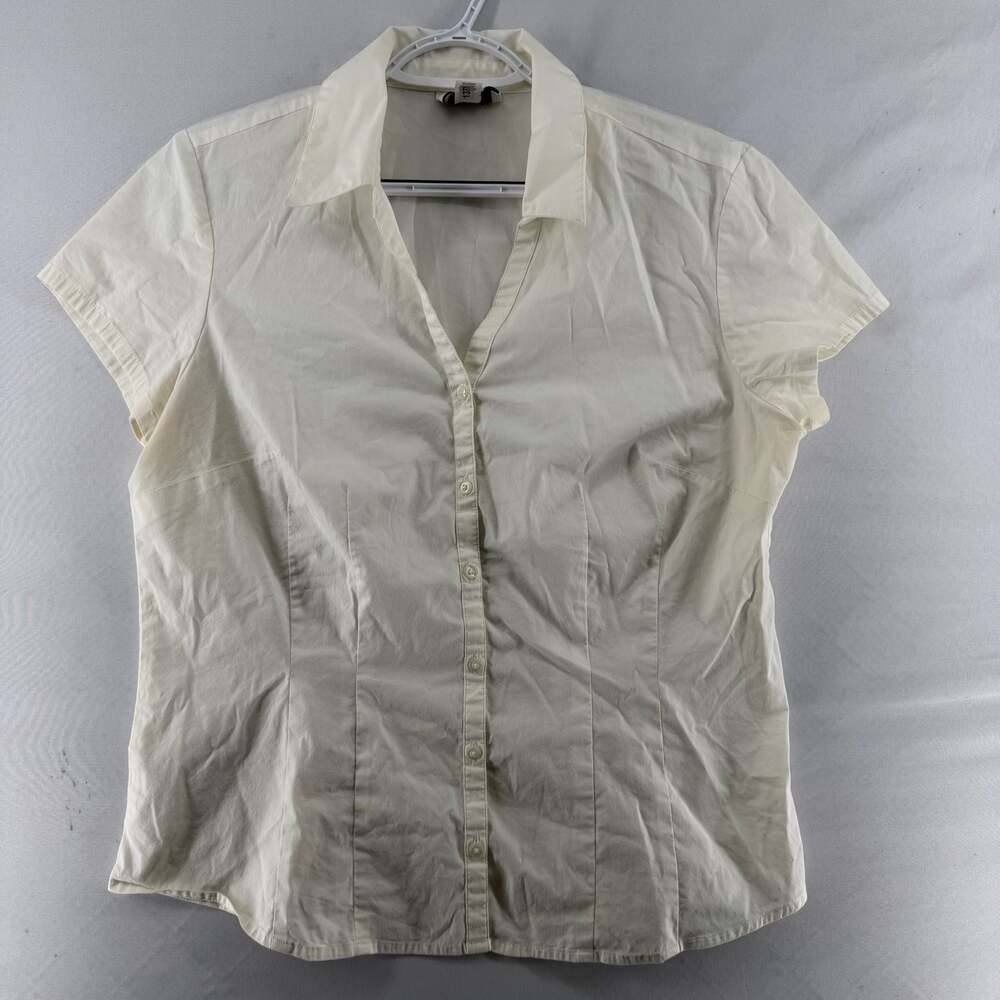 1377 Ann Taylor Loft Women's Cream Short Sleeve Button Down Shirt Size 14